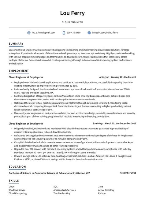 Cloud Engineer Resume (CV) Example and Writing Guide