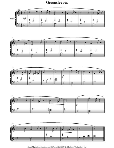 Greensleeves sheet music for Piano - 8notes.com Accordion Sheet Music, Piano Sheet Music, Songs ...