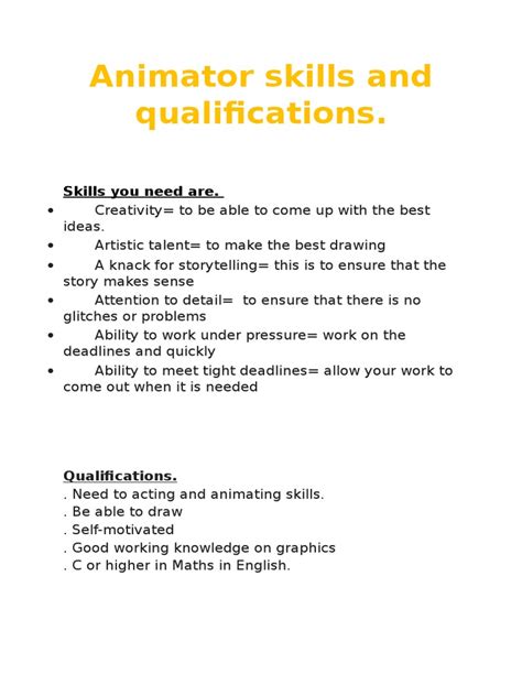 Animator Skills and Qualifications | PDF