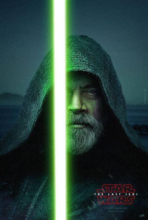 the poster for star wars the last jedi is shown in green light with a man's face and beard