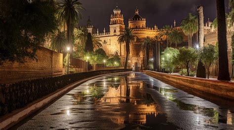 Premium AI Image | Night view of Alcazar of Seville