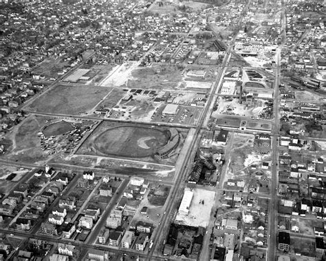 Aerial view of Gill Stadium looking east towards Hallsville circa 1957 ...