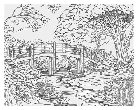 Premium Vector | Landscape nature and wooden bridge children coloring book