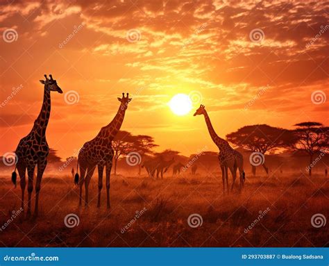 Sunset in African Savanna with a Giraffe Herd Stock Illustration ...