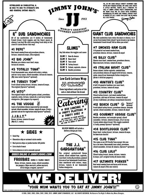 Printable Jimmy Johns Menu