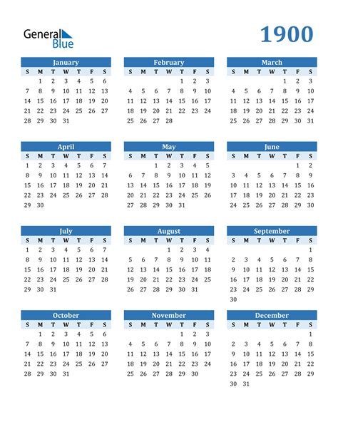 1900 Calendar (PDF, Word, Excel)