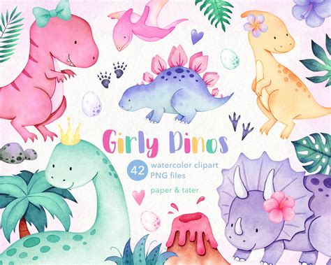 Watercolor Girly Dinosaurs Clipart, Cute Baby Dino Clip Art, T Rex ...