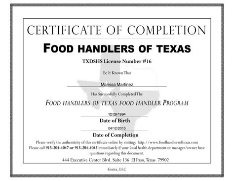 Food handlers certificate