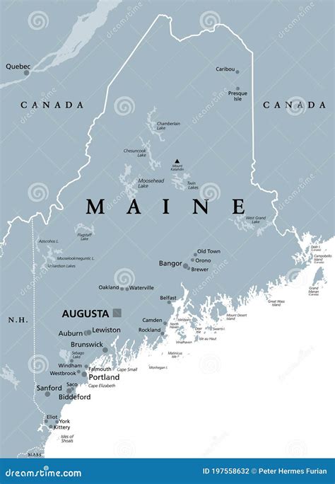 Maine, ME, Gray Political Map, the Pine Tree State, Vacationland Stock ...