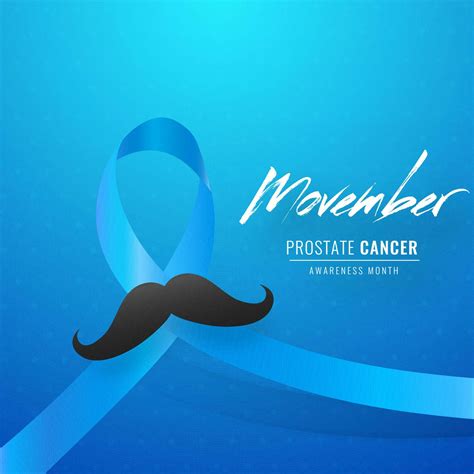 Prostate Cancer ribbon with mustache on blue background for Movember Awareness month concept ...