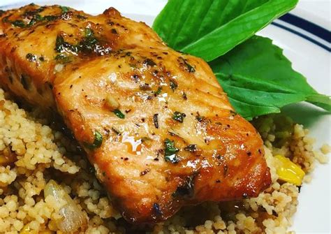 Sesame Lemon Soy Baked Salmon with a Toasted Couscous Caramelized Onions,Mushroom and, Sweet ...