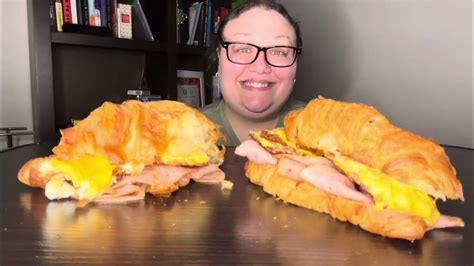 Ham egg & cheese croissant mukbang - YouTube