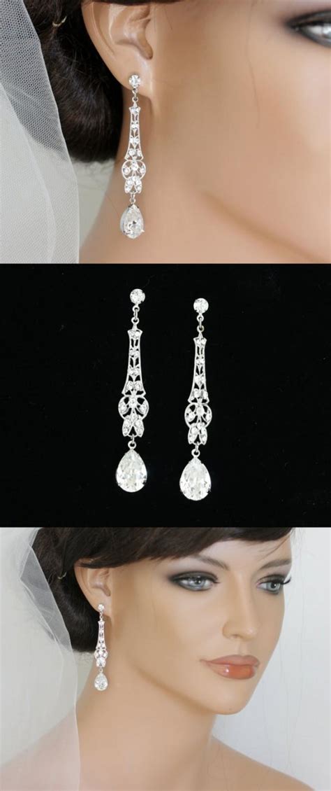 Art Deco Bridal Earrings Long Wedding Earrings Crystal Dangle Earrings Vintage Wedding Jewelry ...