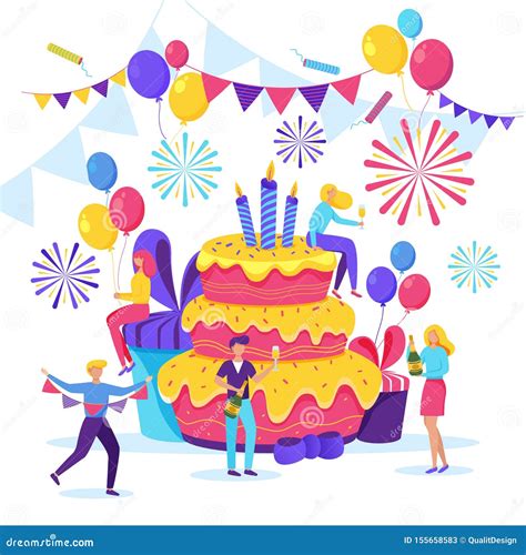 Happy Young People Celebrating a Birthday. Vector Flat Cartoon ...