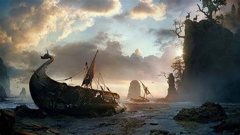 artwork, fantasy art, boat, shipwreck, clouds, Vikings HD Wallpaper