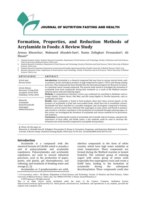 (PDF) Formation, Properties, and Reduction Methods of Acrylamide in ...