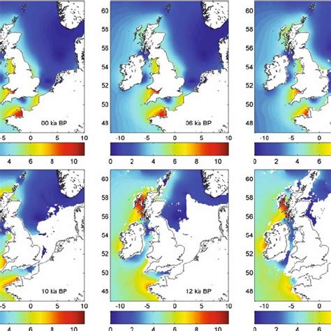 Modelled mean spring tidal range for selected time slices. Colour scale... | Download Scientific ...