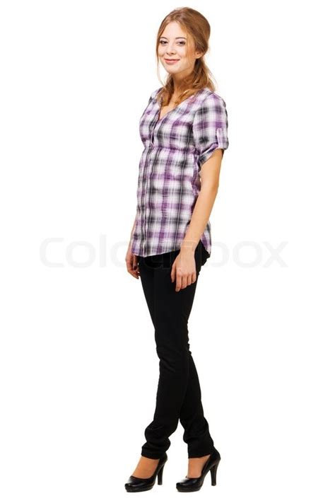 Lovely young woman in casual clothing, white background | Stock Photo ...