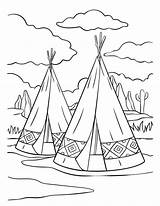 Three teepees In The Water With Trees And Clouds Behind Them coloring Page sketch template
