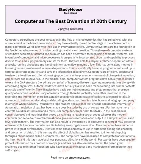 Computer as The Best Invention of 20th Century Free Essay Example