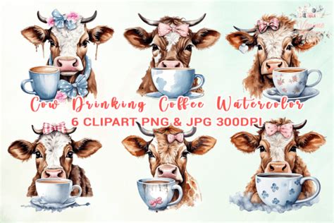 Cow Drinking Coffee Watercolor Clipart Graphic by Venime · Creative Fabrica