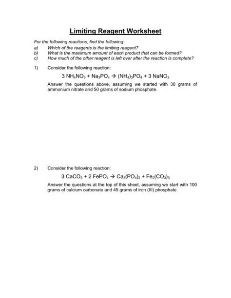 Limiting Reagent Worksheet 1