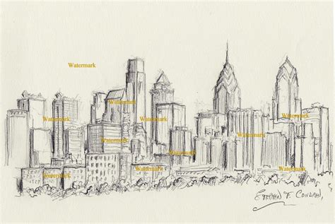 Philadelphia charcoal skyline drawing along the Schuylkill River