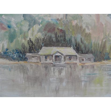 Vintage Cabin on Lake Impressionist Oil Painting on Board | Chairish