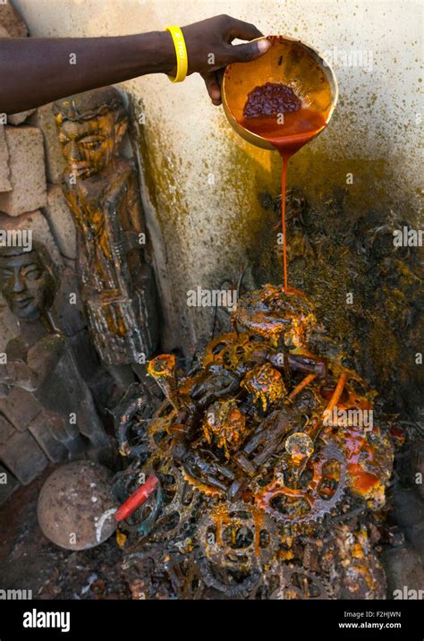 Benin, West Africa, Bonhicon, offerings to ogun god altar made with ...