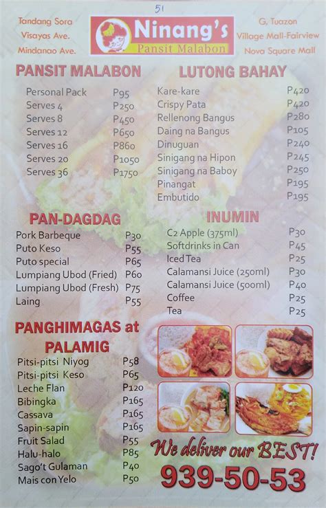 Menu at Tintina's Pancit Malabon restaurant, Quezon City