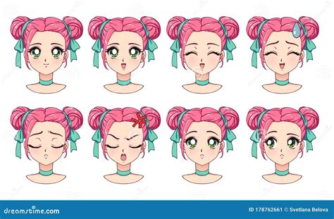 A Set of Cute Anime Girl with Different Expressions. Pink Hair, Big ...