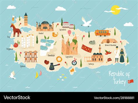 Turkey map with famous landmarks icons Royalty Free Vector