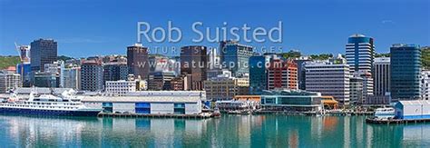 Wellington City skyline panorama from a Cook Strait ferry departing the ...