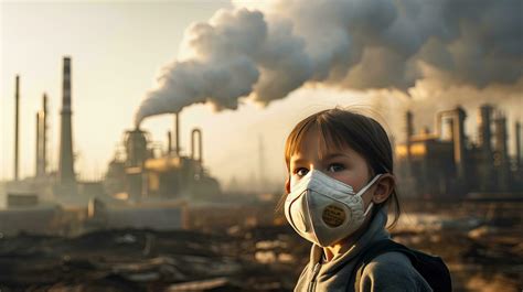 Children wearing masks to prevent air pollution Behind is the factory ...