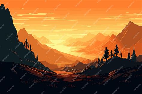 Premium Vector | Beautiful sunset with mountains watercolor art ...