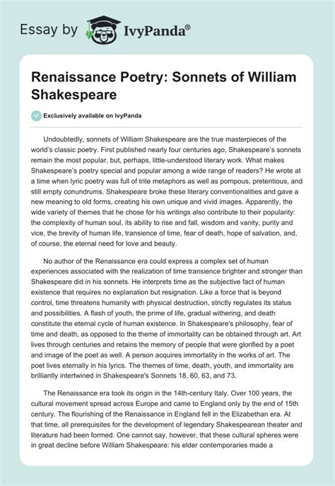 Renaissance Poetry: Sonnets of William Shakespeare - 3118 Words | Essay ...