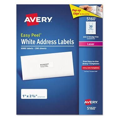 Avery® 5160 Easy Peel Address Labels, Laser, 1 x 2 5/8, White, 6,000 Labels - Sam's Club