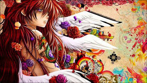 Wallpaper : colorful, illustration, digital art, redhead, flowers, anime girls, wings, angel ...