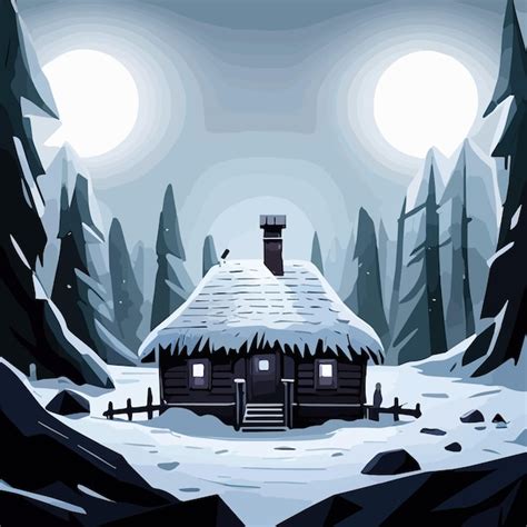 Premium Vector | Small wooden hut in fairy dark forest in snowy around hut on snow trail vector ...