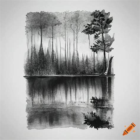 Realistic pencil drawing of a forest lake on Craiyon