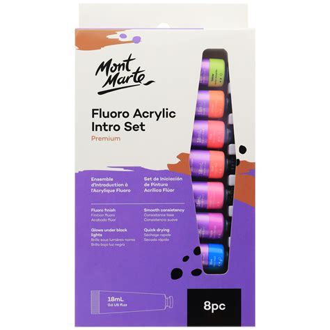 Mont Marte Fluro Glow In The Dark Acrylic Paint Intro Set 8 x 18ml ...