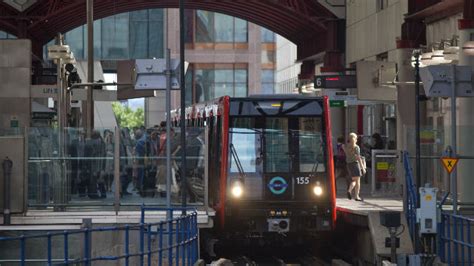 A Docklands Light Railway train at a station