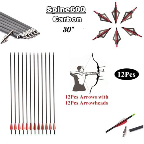 Outdoor Sports Hunting Archery Spine 600 Carbon Fiber Arrows 12Pcs New Hunting Fiber Carbon ...