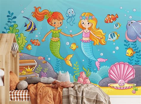 Kids Room Underwater Cartoon Mermaid Girlfriend Wallpaper Murals