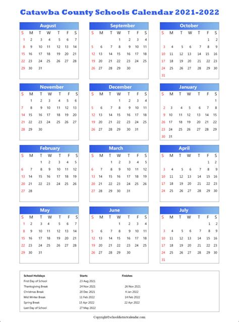 Catawba County Schools District Calendar Holidays 2021-2022