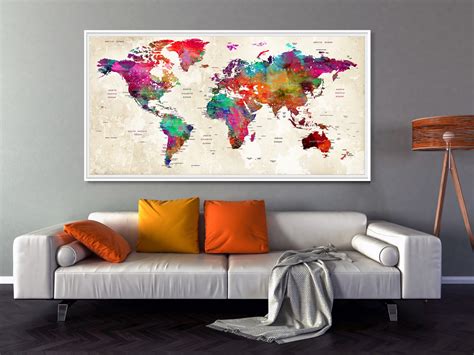 Colorful World Map Poster Print Wall Art - PushPin Map Home wall by ...