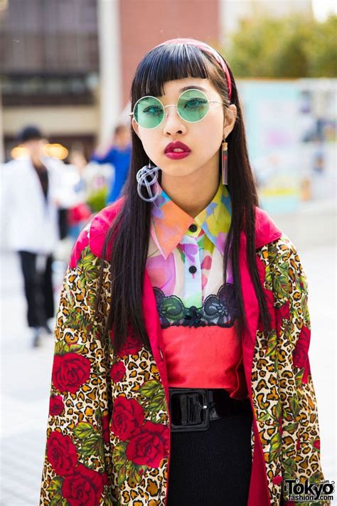 Japanese Fashion Student in Vintage Mixed Prints Street Style w ...