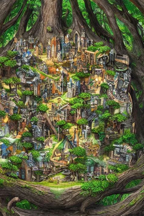 fantasy art of a miniature city built into the trunk | Stable Diffusion