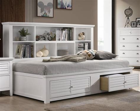 Myco Furniture Bessey Collection Full Size Day Bed with Bookshelf on Headboard, Storage Drawers ...