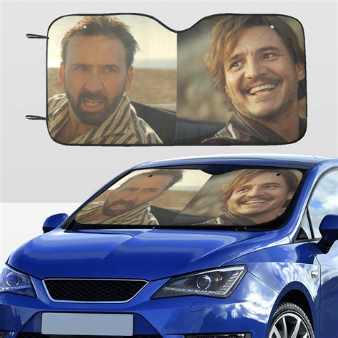 Nicolas Cage Looking at Pedro Pascal Meme Car SunShade - Inspire Uplift